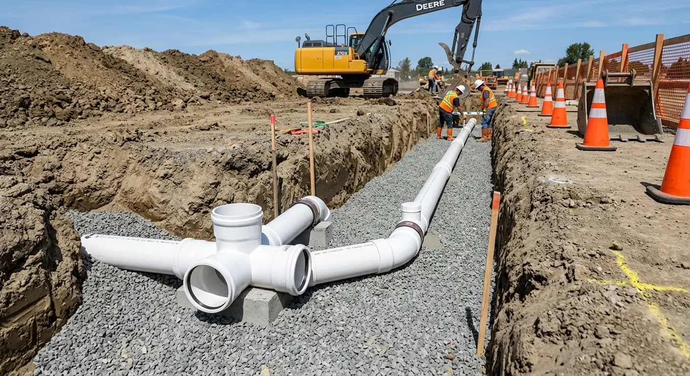 New PVC sewer pipe installation in open trench for Sewer Backup in Urbana