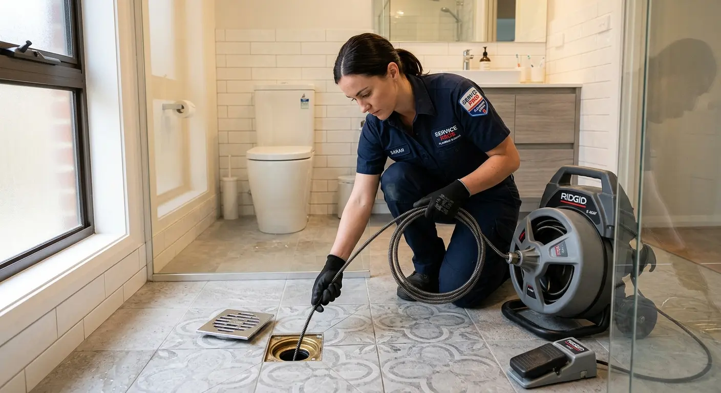 Technician clearing a bathroom floor drain for Drain Cleaning in Urbana